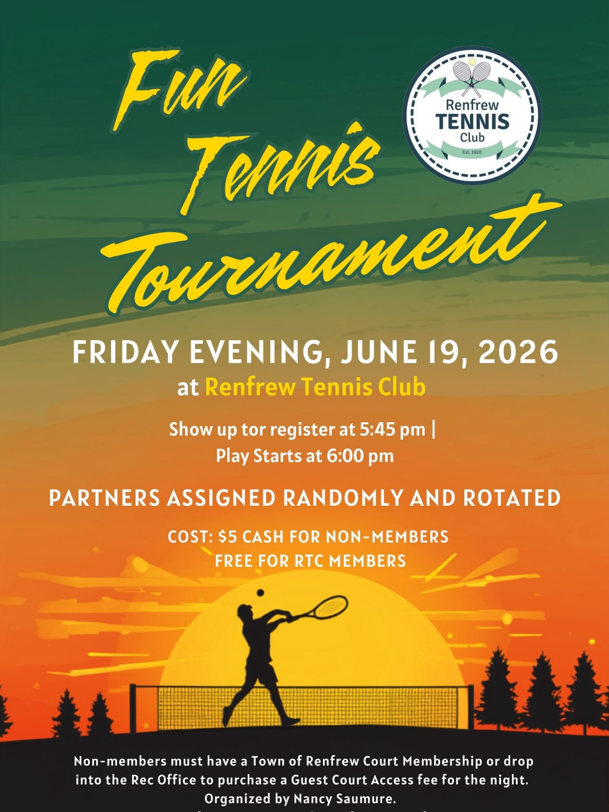 Fun Tennis Tournament next Friday evening June 19th at 6:00 PM 